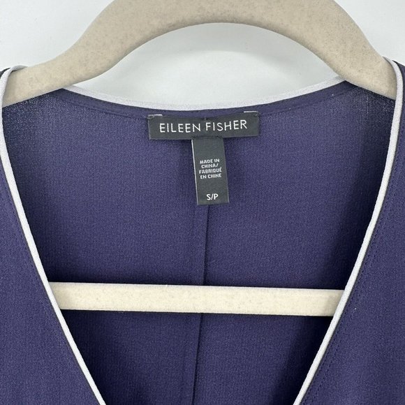 Eileen Fisher Purple Button Front White Trim 100% Silk Long Sleeve Blouse Sz S/P - Picture 2 of 5
